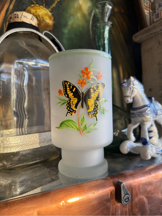 Vintage Other - Frosted Glass Butterfly Vase with Floral Motif